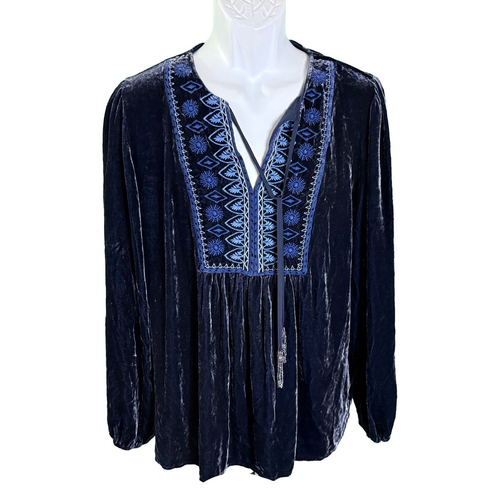 Johnny Was Velvet Blouse Womens Large Navy Blue Embroidered Silk Blend R14124-7